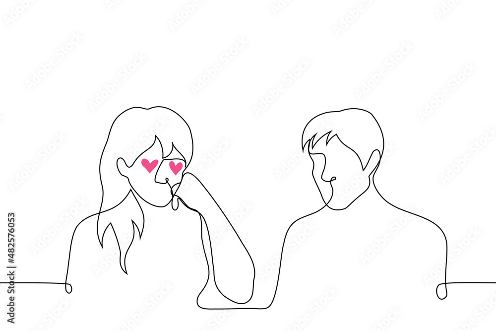 heterosexual woman in love admiring man sitting next to her, hearts in her eyes - one line drawing vector. concept of love and passion of woman for man heterosexual woman in love admiring man sitting next to her, hearts in her eyes - one line drawing vector. concept of love and passion of woman for man