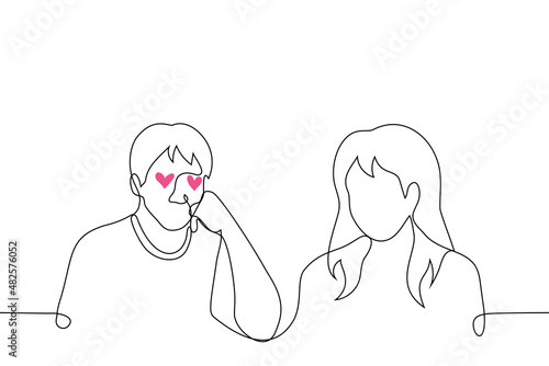 heterosexual man in love admiring woman sitting next to him, hearts in his eyes - one line drawing vector. concept of love and passion of man for woman