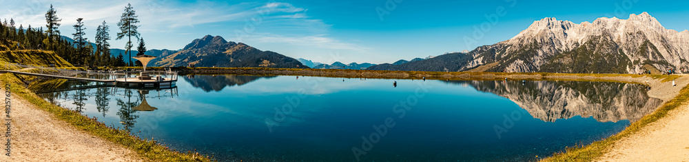 High resolution stitched panorama with reflections at the famous Asitz summit, Leogang, Salzburg, Austria