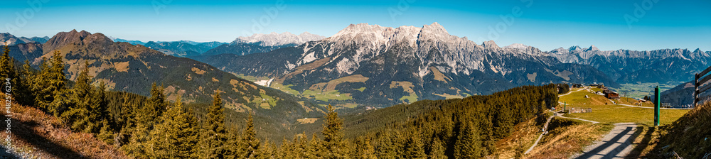 High resolution stitched panorama at the famous Asitz summit, Leogang, Salzburg, Austria