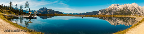 High resolution stitched panorama with reflections at the famous Asitz summit, Leogang, Salzburg, Austria