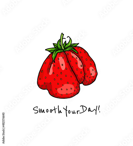 Vector card with hand drawn juicy ripe strawberry. Beautiful healthy food design elements, ink drawing. Summer fruit illustration. Smoothie packaging template