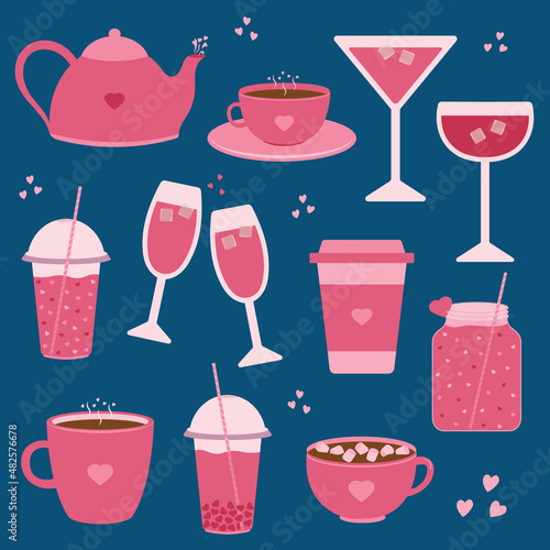 Valentines Day Set of Beverages Elements. Tea, Coffee, Dark chocolate, Bubble Tea, Martini, Wine. Vector Illustration for Romantic Valentines Day Theme Stickers, Greeting card, Bullet Journal, Menu