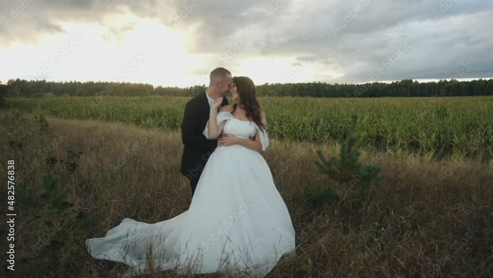 Beautiful young bride in a chic dress with a train in the arms of the groom on the edge of a corn field Beautiful young bride in a chic dress with a train in the arms of the groom on the edge of a corn field
