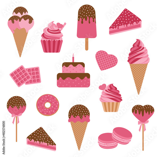 Valentines Day Set of Dessert Elements. Ice cream, Cupcake, Cheesecake, Donut, Macaroon, Cake and Waffles. Vector Illustration for Valentines Day Theme Stickers, Scrapbook, Greeting card, Menu