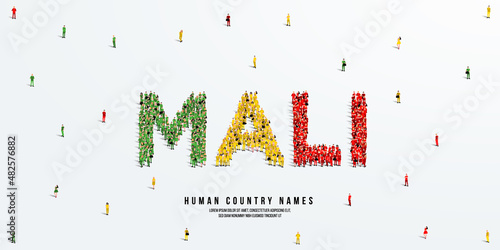 A large group of people stands, making up the word Mali. Mali flag made from people crowd. Vector illustration isolated on white background.