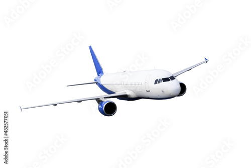 Blue Commercial airplane jetliner flying isolated . Travel concept. 