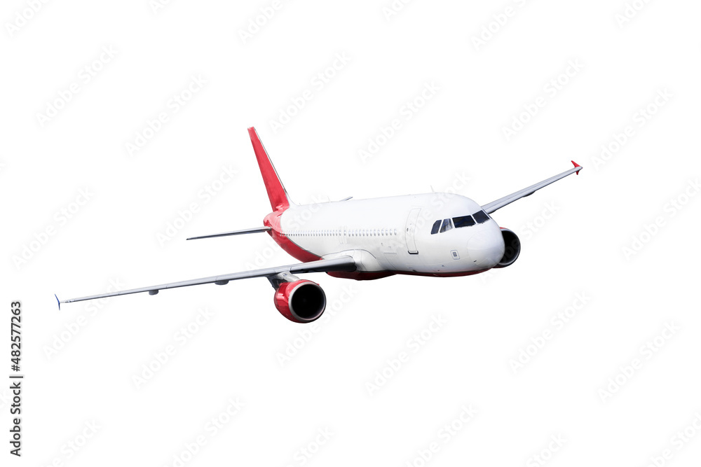 Red Commercial airplane jetliner flying isolated . Travel concept.
Red Commercial airplane jetliner flying isolated . Travel concept.
