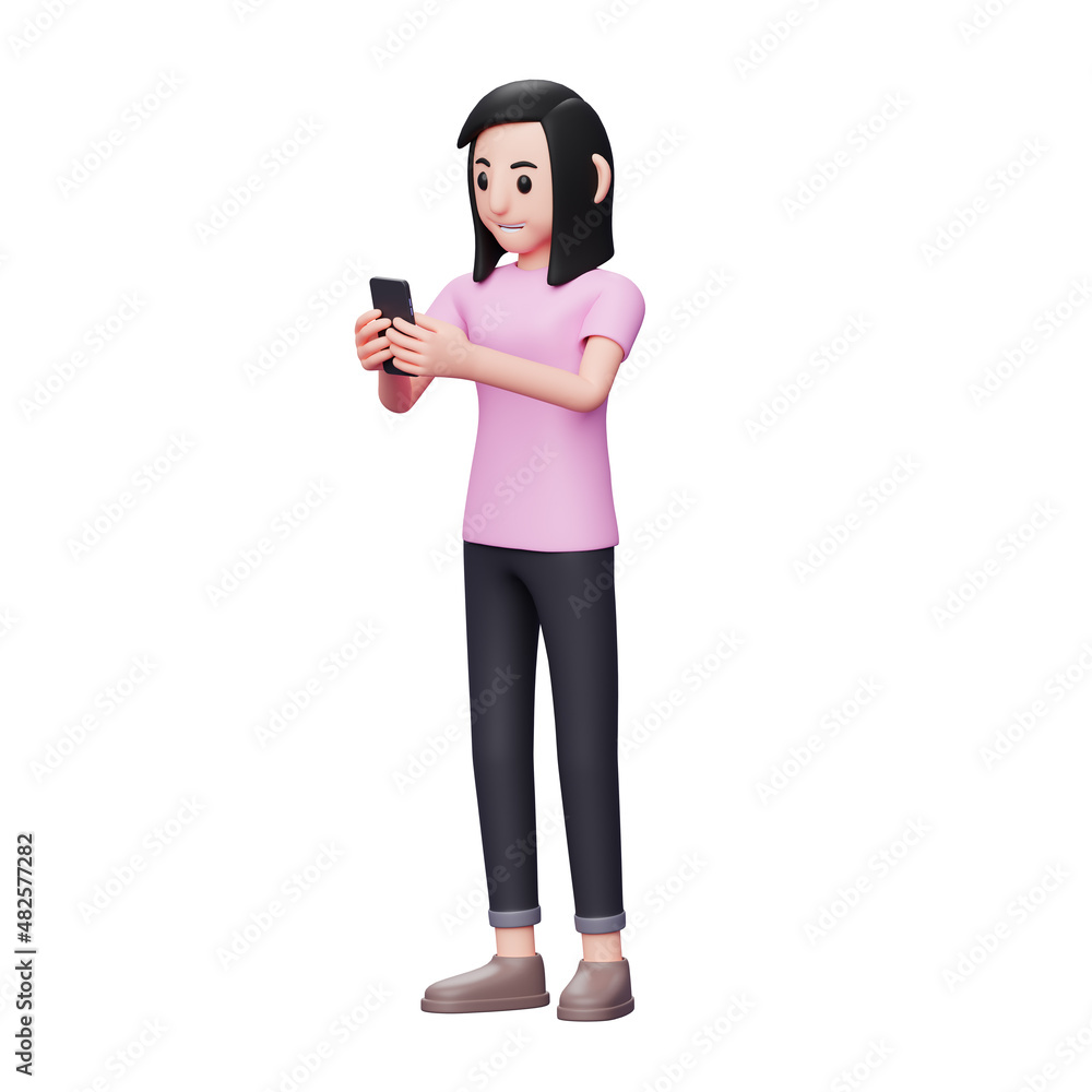 Girl Typing Message on the Smartphone. Sweet Girl Using Phone, 3d character illustration Girl Typing Message on the Smartphone. Sweet Girl Using Phone, 3d character illustration