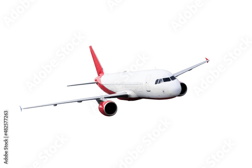 Red Commercial airplane jetliner flying isolated . Travel concept. 