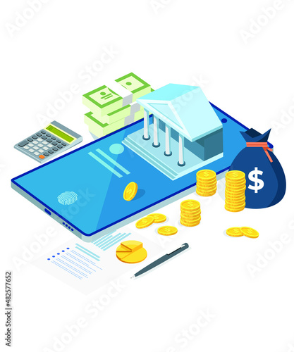 Online banking financial documents, coins, banknotes, government financial department or tax office, financial audit concept vector illustration
