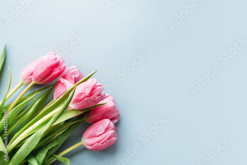 Fototapeta Naklejka Na Ścianę i Meble -  bouquet of pink tulips on light blue background flatlay