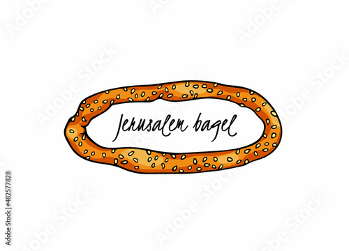 Vector card with hand drawn traditional Jerusalem sesame bread - Jerusalem bagel. Ink drawing, graphic style. Beautiful food design elements.
