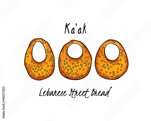 Vector card with hand drawn traditional Lebanese purse bread - Ka'ak. Ink drawing, graphic style. Beautiful food design elements.