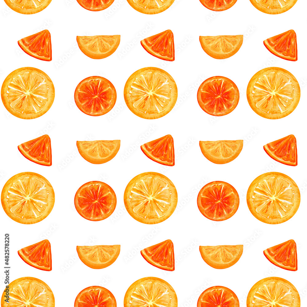 Seamless pattern of orange citrus slices on white background. Watercolor summer fruit pattern. Seamless pattern of orange citrus slices on white background. Watercolor summer fruit pattern.