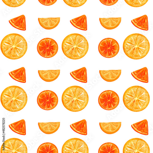 Seamless pattern of orange citrus slices on white background. Watercolor summer fruit pattern.