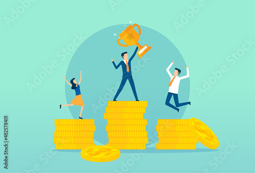 Businessman winner holding cup on the gold podium, runners up, cheering people, economic support