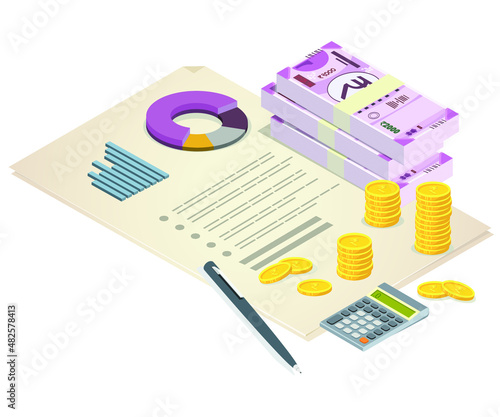 Financial documents with Indian rupee and coins, finance department or tax office, isometric flat vector illustration.