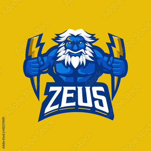 zeus holding lightning mascot logo design illustration vector for gaming sport esport and team