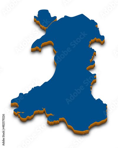Wales 3D map. Detailed 3d map with dropped shadow. Blue isometric silhouette. Vector illustration. Template for design and infographics.