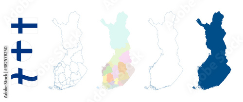 Finland map. Detailed blue outline and silhouette. Administrative divisions and counties. Country flag. Set of vector maps. All isolated on white background. Template for design and infographics.