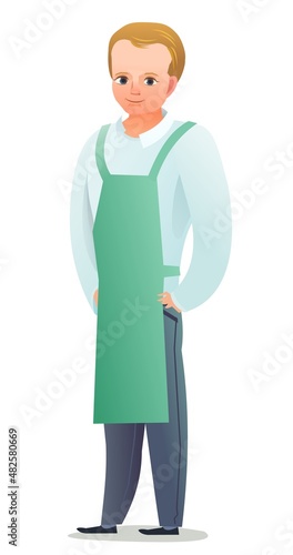 Little boy craftsman or artist. Teen in apron. Master in workwear. Cheerful person. Standing pose. Cartoon comic style flat design. Single character. Illustration isolated on white background. Vector
