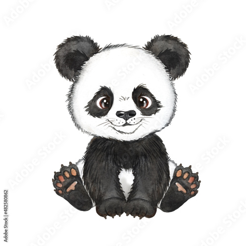 Watercolor illustration of a cute little panda bear, panda bear, china, animal cub 