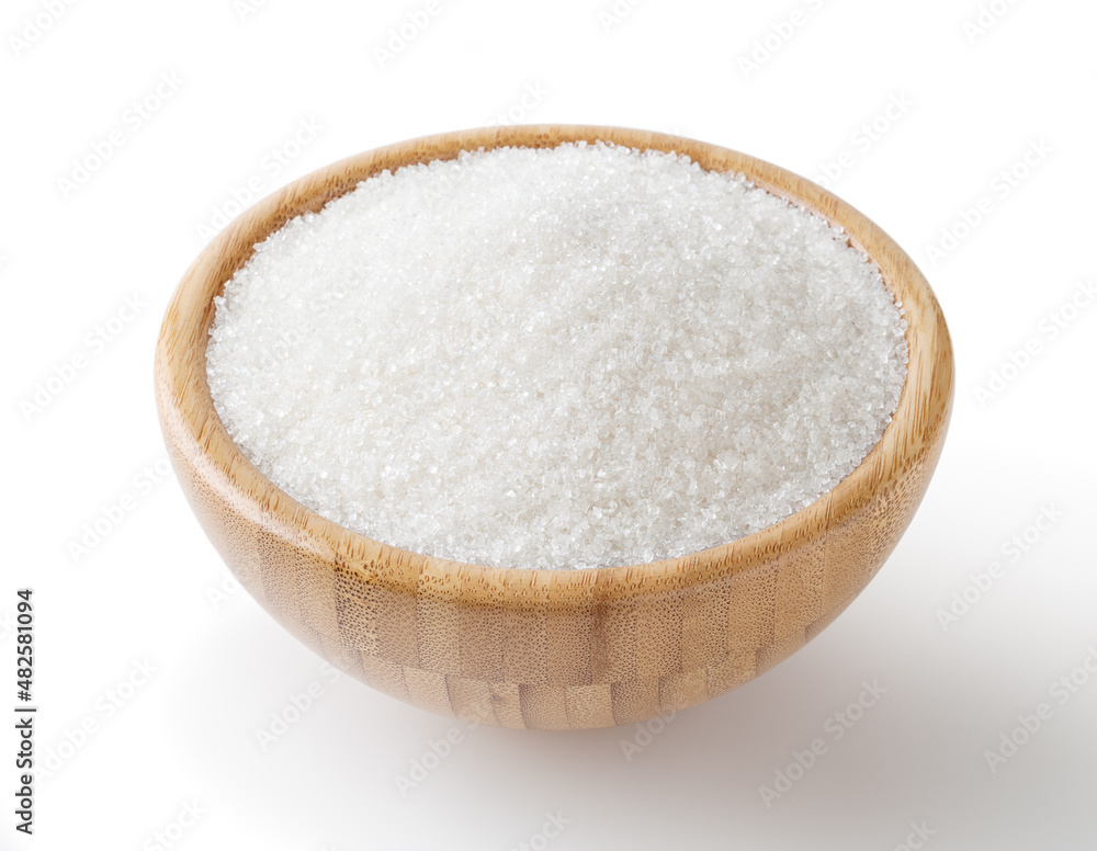 Granulated white sugar in wooden bowl isolated on white background with clipping path Granulated white sugar in wooden bowl isolated on white background with clipping path