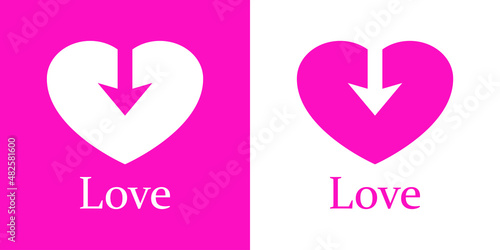Banner con texto Love con flecha de cupido en espacio negativo en silueta de corazón para su uso en invitaciones y tarjetas de felicitación