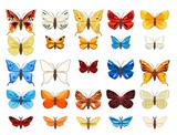 Big set of beautiful butterflies in fun cartoon style. Object isolated on white background. Summer pretty insects. Vector