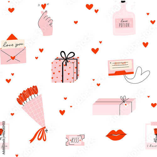 Cute doodle Valentine's day seamless pattern. Sweet design in red, pink colors. Lovely hand drawn cool elements - gift box, bouquet, love letter, kiss, hearts, rose, mix tape. Vector eps background