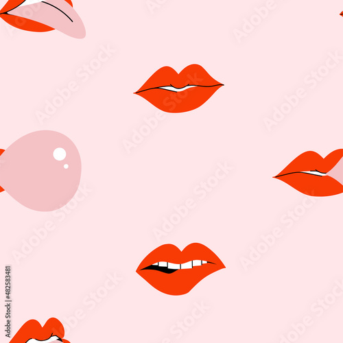 Cute doodle minimal seamless pattern with sexy red lips. Sweet design in red, pink colors. Fun hand drawn cool elements - bite lip, lips with gum bubble, lips with tongue, kissing lips. Vector eps