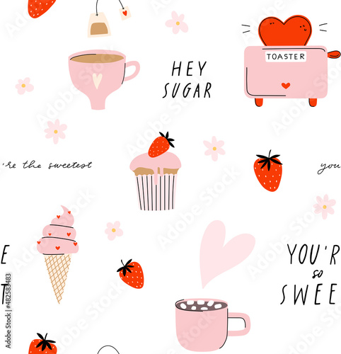 Cute doodle Valentine's day seamless pattern. Sweet design in red, pink colors. Lovely hand drawn cool elements - cupcake, strawberry, cup of tea, toaster, ice cream, cup of cocoa. Vector eps