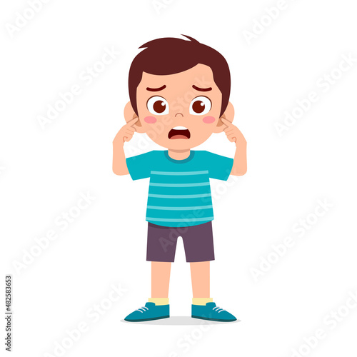 cute little boy cover ear from loud sound