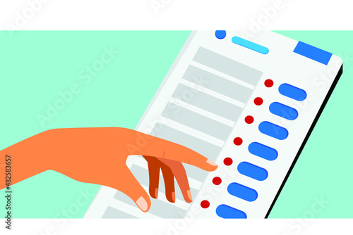 Female hand casting vote on electronic voting machine (EVM) vector illustration.