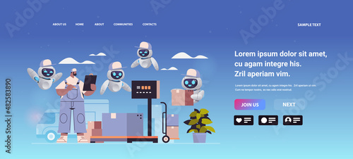 deliveryman with robots helpers checks parcels in warehouse express delivery cargo logistics postal service