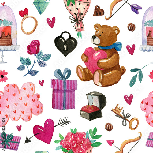 Watercolor hand drawn cute valentines day seamless pattern with objects and elements on white background