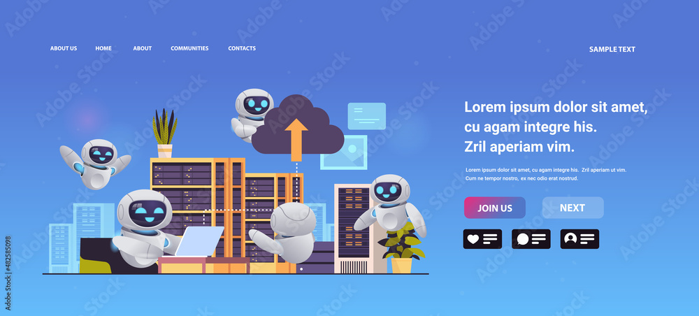 modern robots working in data center room hosting server computer monitoring information database artificial intelligence modern robots working in data center room hosting server computer monitoring information database artificial intelligence