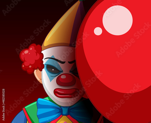 Creepy clown face peeking out from behind balloon
