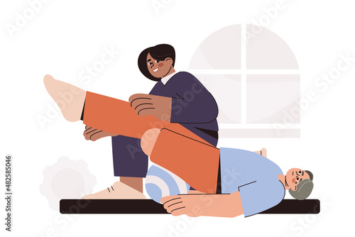 Flat doctor physiotherapy and patient after limb amputation do exercise on therapeutic ball. Physical therapy specialist help to recovery leg after surgery. Rehab in medical rehabilitation hospital.
