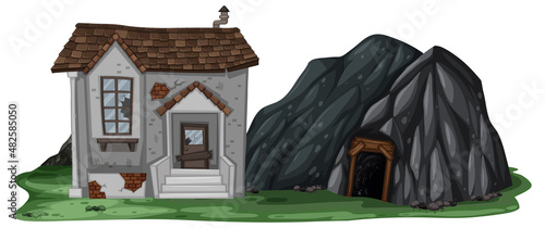 An abandoned house with a rock cave on white background