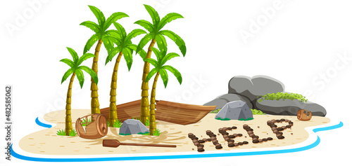 Deserted island with broken boat lying on the beach with help sign