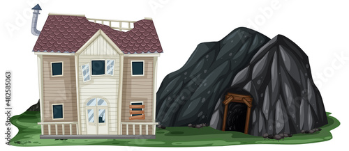 An abandoned house with a rock cave on white background