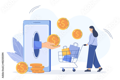 Cashback refund or financial savings flat vector illustration. Hand from smartphone give to woman money cash back for online purchase. Girl with shopping cart receiving bonus golden coins and reward.