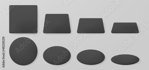 Black paper coasters for beer mug. Vector realistic mockup of blank square and round beermat in top view. Bierdeckel for cup or cardboard mat different shapes and angles isolated on grey background.