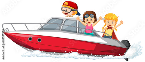 Young boy driving boat with his friends