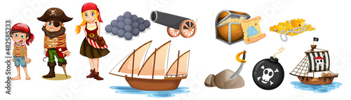 Set of pirate cartoon characters and objects
