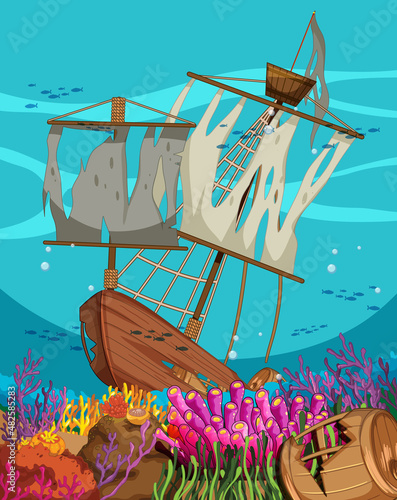 Sinking ship under the ocean
