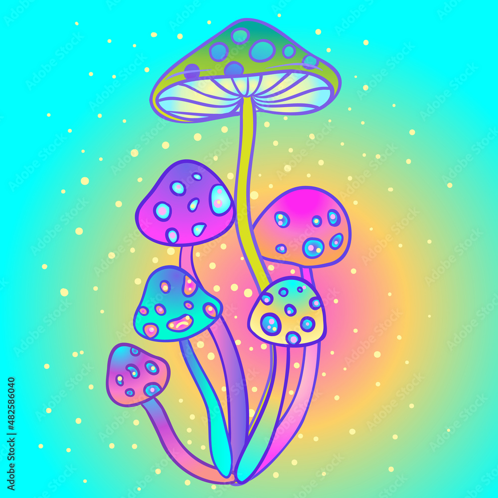 Magic mushrooms. Psychedelic hallucination. Vibrant vector illustration. 60s hippie colorful art in pink pastel goth colors isolated. Sticker, patch, poster graphic design.