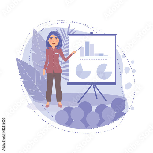 A girl near the stand comments on the presentation. A businesswoman or Manager is advertising a project. Cartoon character on an isolated background in purple tones very peri